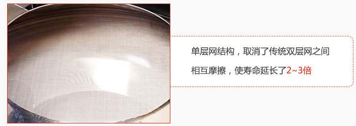 單層網(wǎng)結(jié)構(gòu)，取消了傳統(tǒng)雙層網(wǎng)之間相互摩擦，使壽命延長(zhǎng)了2~3倍